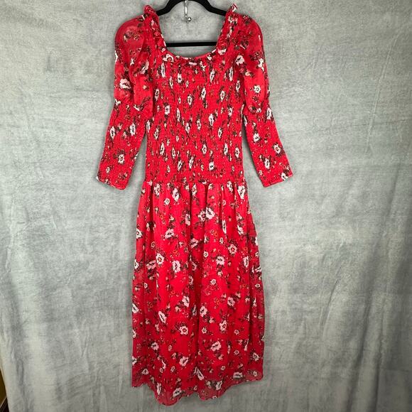 Urban Outfitters Dress Womens Small Red Floral Smocked Maxi Cottagecore Peasant - Picture 7 of 14